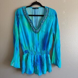Boston Proper Blue and Teal Beaded Tunic- Medium